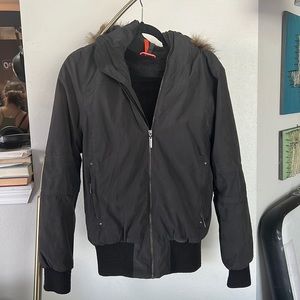 Faux fur lined dark gray bomber ski jacket